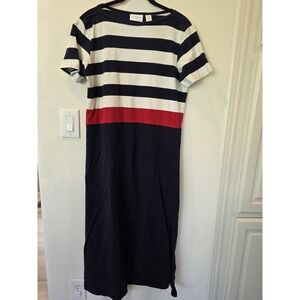 VTG Liz Claiborne Nautical MaxiDress Sz M SideSlit Cotton NavyRedStripe Coastal